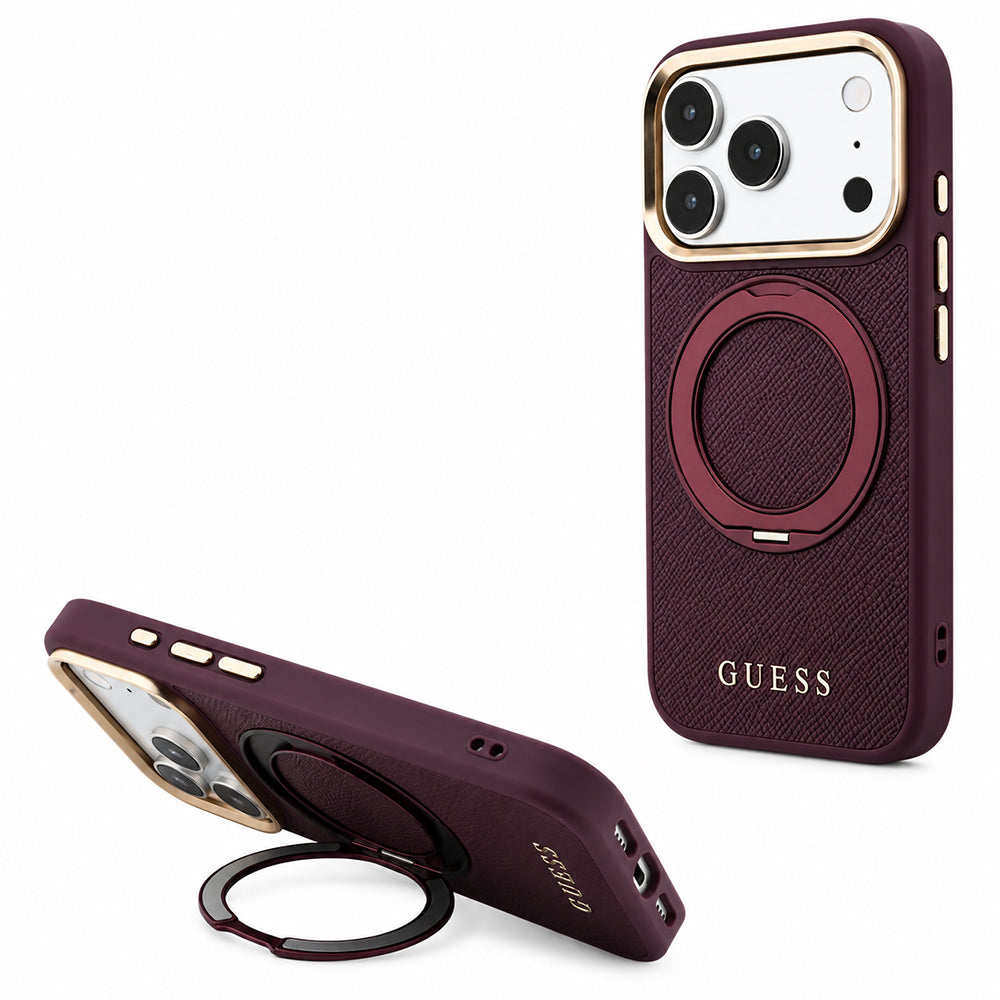 Ovitek MagSafe za Apple iPhone 18 Pro Max / 17 Pro Max, Guess, Grained Ring Stand 360 Classic, Vijolično rdeča