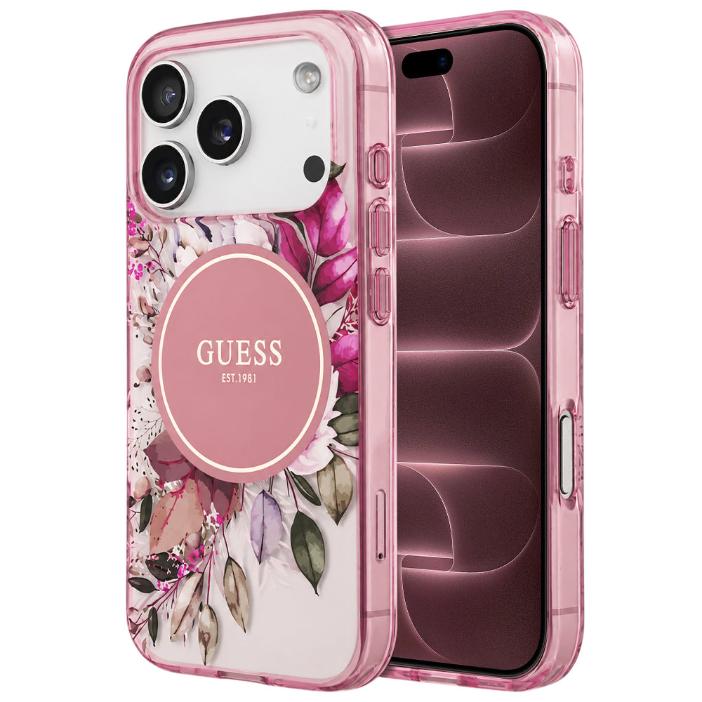 Ovitek MagSafe za Apple iPhone 18 Pro Max / 17 Pro Max, Guess, IML Flower & Tonal Circle, rožnat