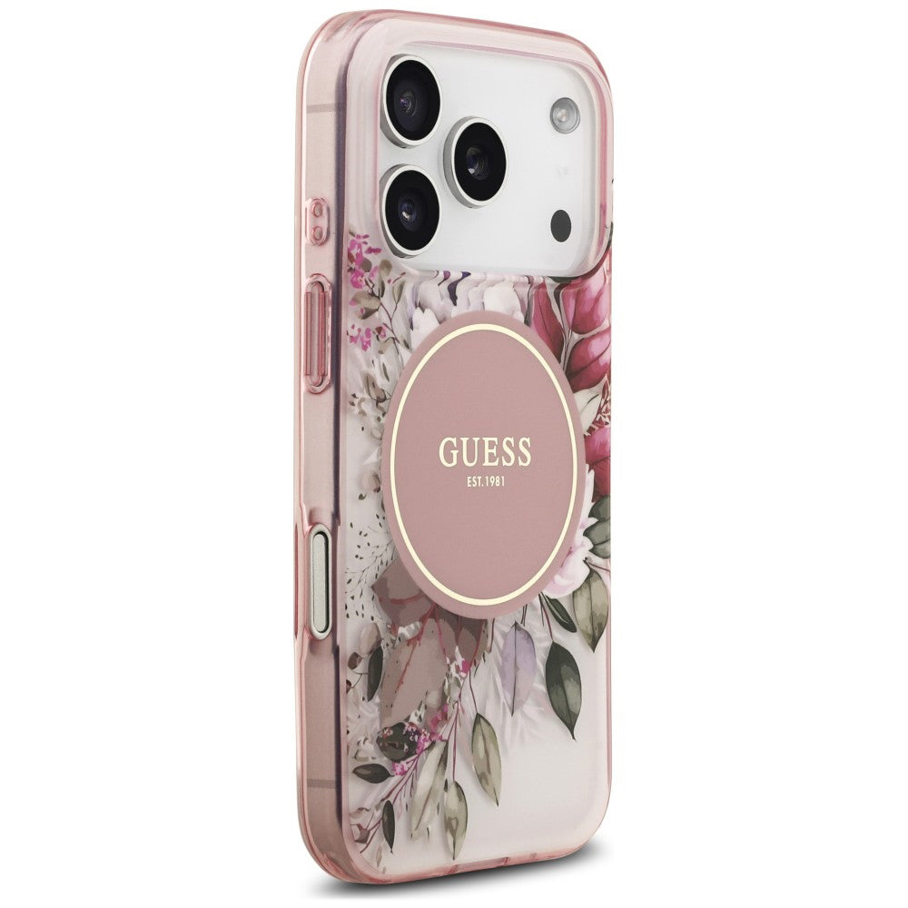 Ovitek MagSafe za Apple iPhone 18 Pro Max / 17 Pro Max, Guess, IML Flower & Tonal Circle, rožnat