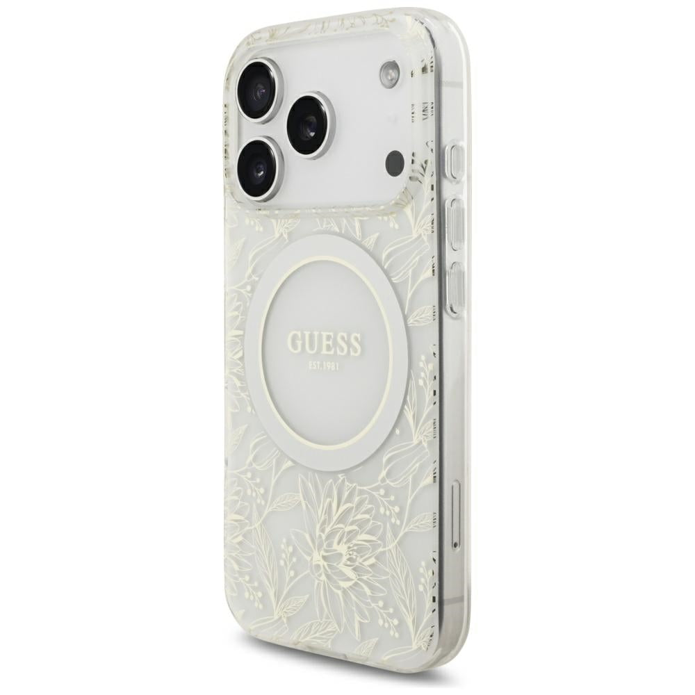 MagSafe ovitek za Apple iPhone 18 Pro Max / 17 Pro Max, Guess, IML cvetovi z elektroprevleko in bisernim trakom, bela