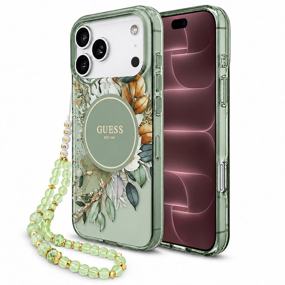 MagSafe ovitek za Apple iPhone 18 Pro Max / 17 Pro Max, Guess, IML Flowers with Pearl Strap, zelenega barvnega odtenka