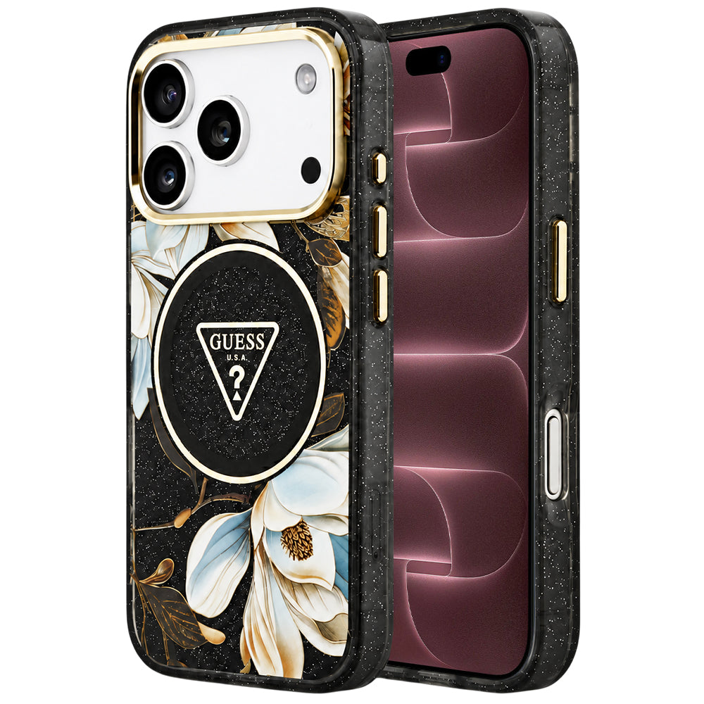 MagSafe ovitek za Apple iPhone 18 Pro Max / 17 Pro Max, Guess, IML Metal Glitter Flowers Triangle, črnega barve