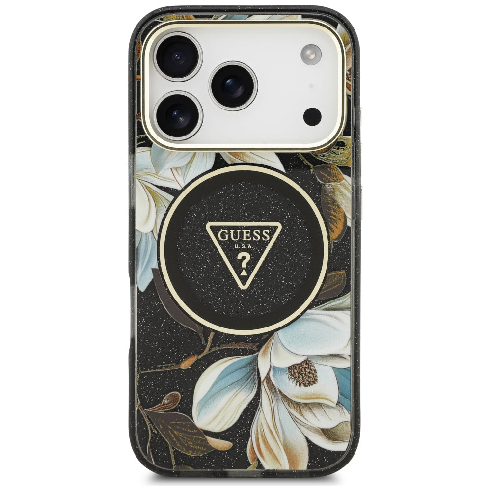 MagSafe ovitek za Apple iPhone 18 Pro Max / 17 Pro Max, Guess, IML Metal Glitter Flowers Triangle, črnega barve