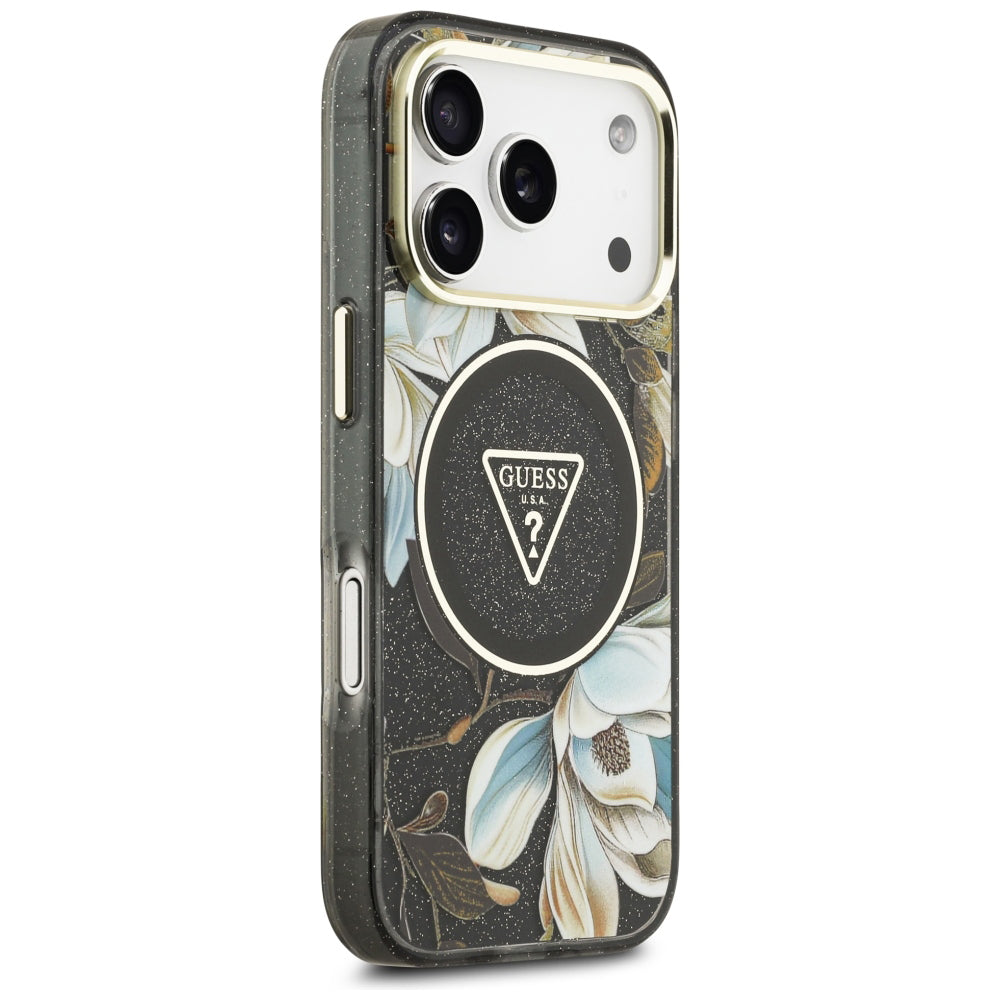 MagSafe ovitek za Apple iPhone 18 Pro Max / 17 Pro Max, Guess, IML Metal Glitter Flowers Triangle, črnega barve