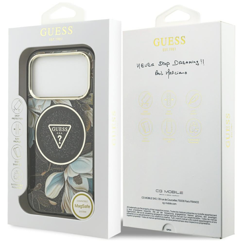 MagSafe ovitek za Apple iPhone 18 Pro Max / 17 Pro Max, Guess, IML Metal Glitter Flowers Triangle, črnega barve