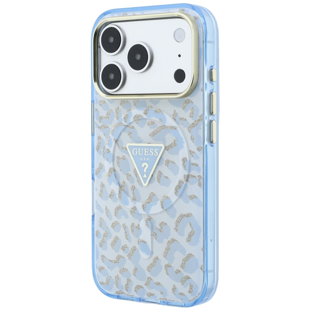 Ovitek MagSafe za Apple iPhone 18 Pro Max / 17 Pro Max, Guess, Leopard Glitter Triangle Logo, Bleu