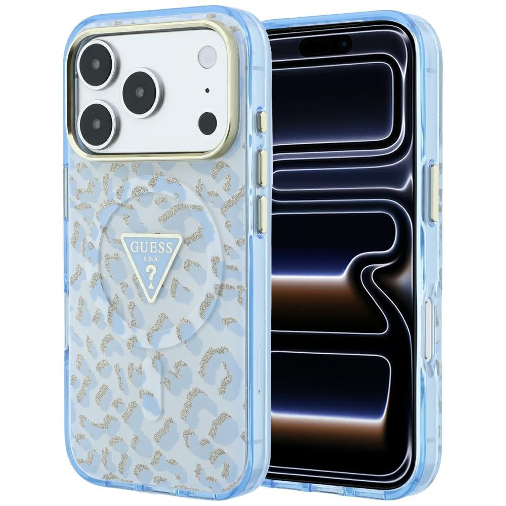 Ovitek MagSafe za Apple iPhone 18 Pro Max / 17 Pro Max, Guess, Leopard Glitter Triangle Logo, Bleu