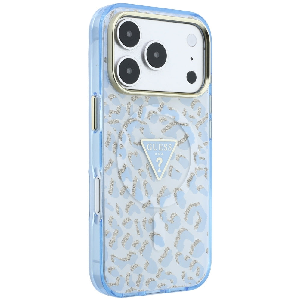 Ovitek MagSafe za Apple iPhone 18 Pro Max / 17 Pro Max, Guess, Leopard Glitter Triangle Logo, Bleu