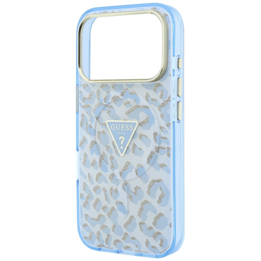 Ovitek MagSafe za Apple iPhone 18 Pro Max / 17 Pro Max, Guess, Leopard Glitter Triangle Logo, Bleu