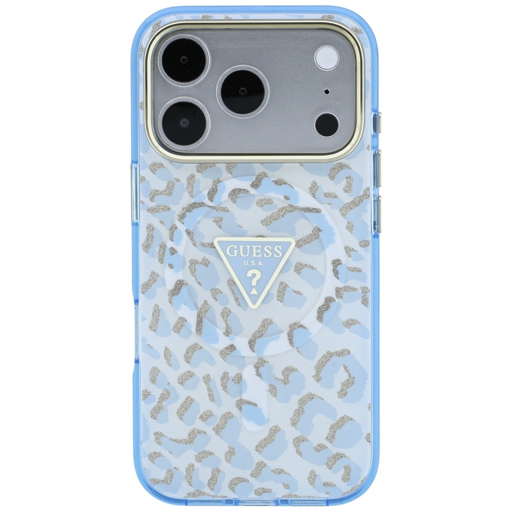 Ovitek MagSafe za Apple iPhone 18 Pro Max / 17 Pro Max, Guess, Leopard Glitter Triangle Logo, Bleu