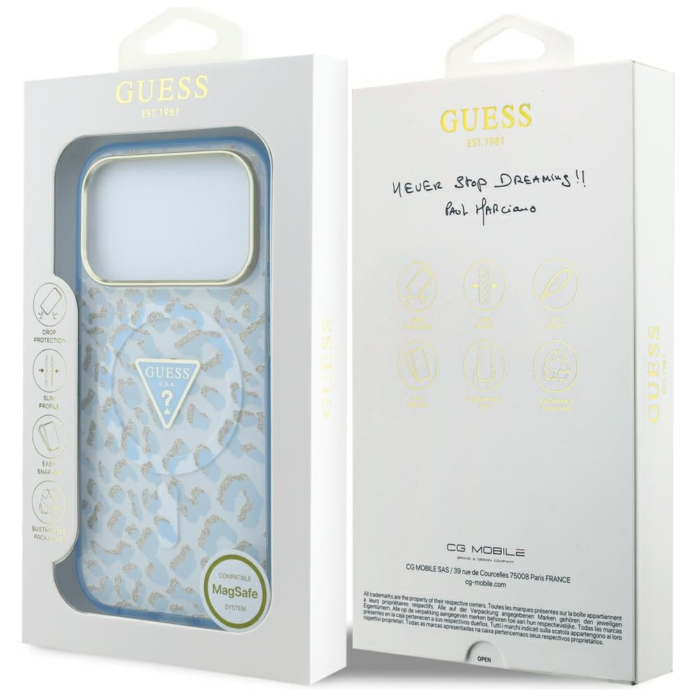 Ovitek MagSafe za Apple iPhone 18 Pro Max / 17 Pro Max, Guess, Leopard Glitter Triangle Logo, Bleu