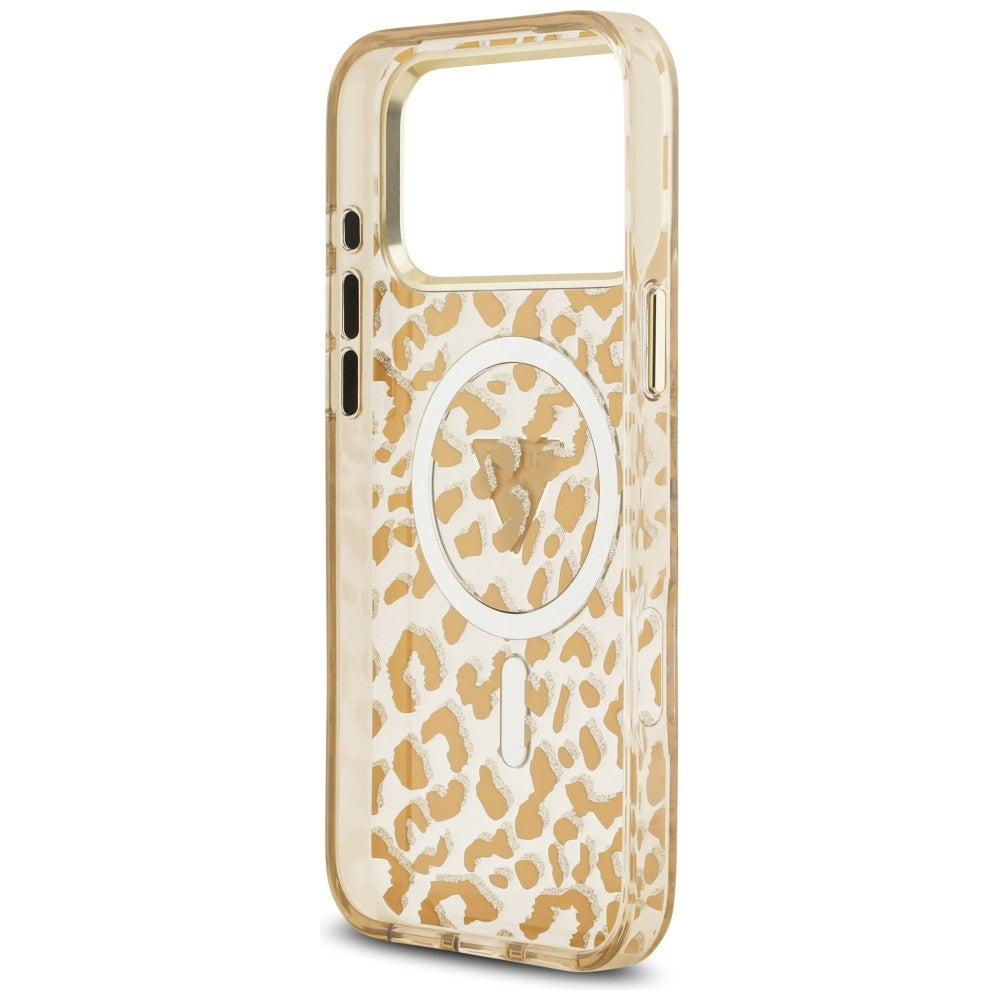 Ovitek MagSafe za Apple iPhone 18 Pro Max / 17 Pro Max, Guess, Leopard Glitter Triangle Logo, rjav