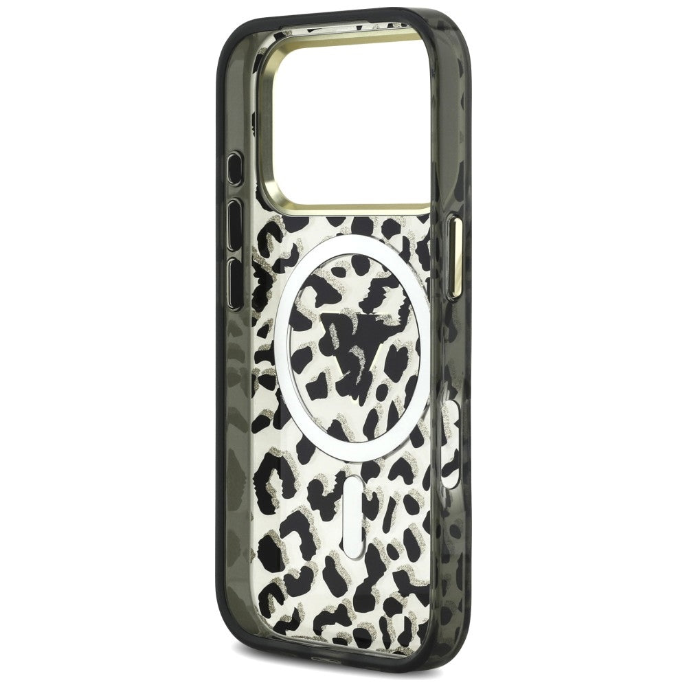 Ovitek MagSafe za Apple iPhone 18 Pro Max / 17 Pro Max, Guess, Leopard Glitter Triangle Logo, Črn