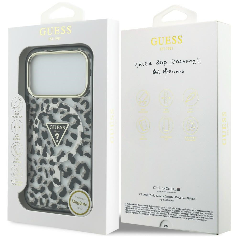 Ovitek MagSafe za Apple iPhone 18 Pro Max / 17 Pro Max, Guess, Leopard Glitter Triangle Logo, Črn