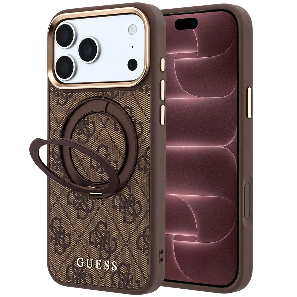 MagSafe ovitek za Apple iPhone 18 Pro Max / 17 Pro Max, Guess, Ring Stand 360 4G Classic Logo, rjav