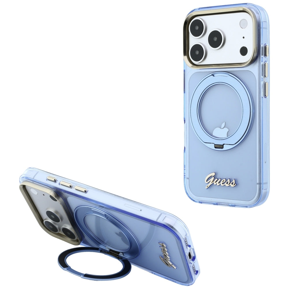 MagSafe ovitek za Apple iPhone 18 Pro Max / 17 Pro Max, Guess, Ring Stand Script Metal Logo, Bleu