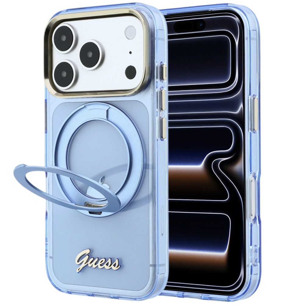 MagSafe ovitek za Apple iPhone 18 Pro Max / 17 Pro Max, Guess, Ring Stand Script Metal Logo, Bleu