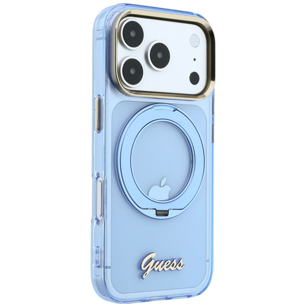 MagSafe ovitek za Apple iPhone 18 Pro Max / 17 Pro Max, Guess, Ring Stand Script Metal Logo, Bleu