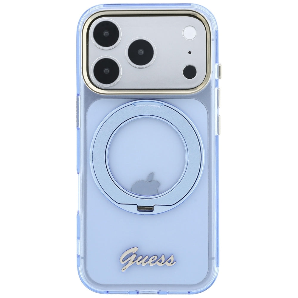 MagSafe ovitek za Apple iPhone 18 Pro Max / 17 Pro Max, Guess, Ring Stand Script Metal Logo, Bleu