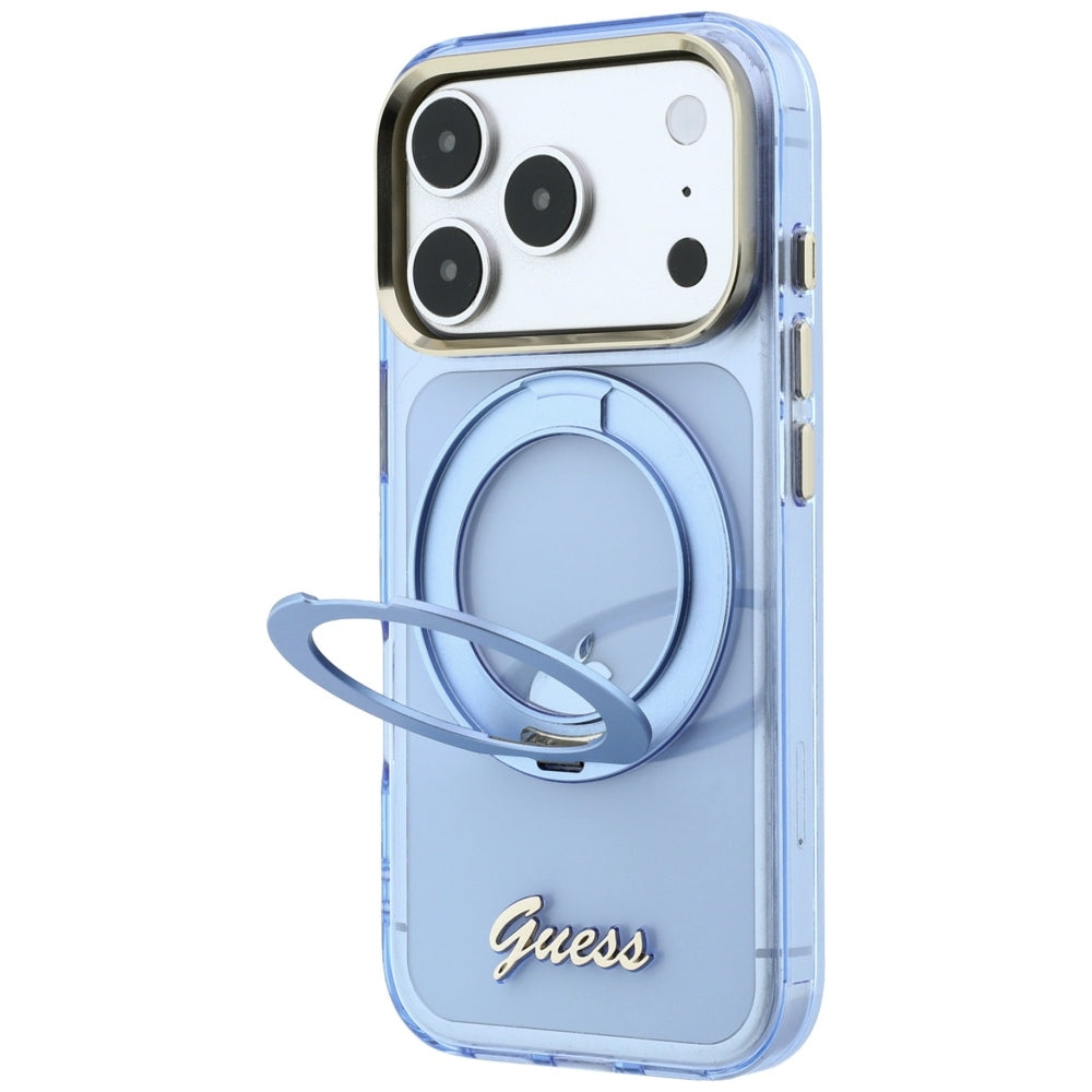 MagSafe ovitek za Apple iPhone 18 Pro Max / 17 Pro Max, Guess, Ring Stand Script Metal Logo, Bleu