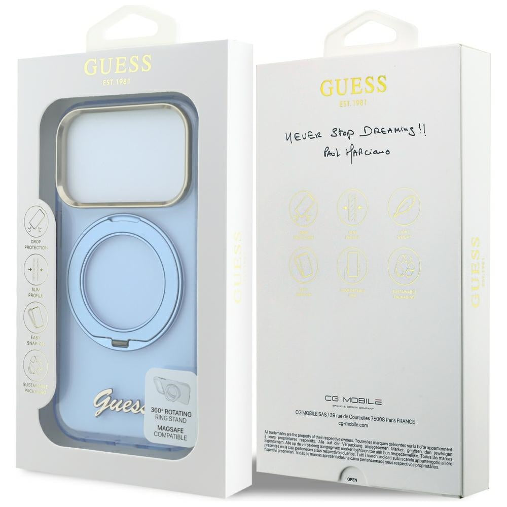 MagSafe ovitek za Apple iPhone 18 Pro Max / 17 Pro Max, Guess, Ring Stand Script Metal Logo, Bleu