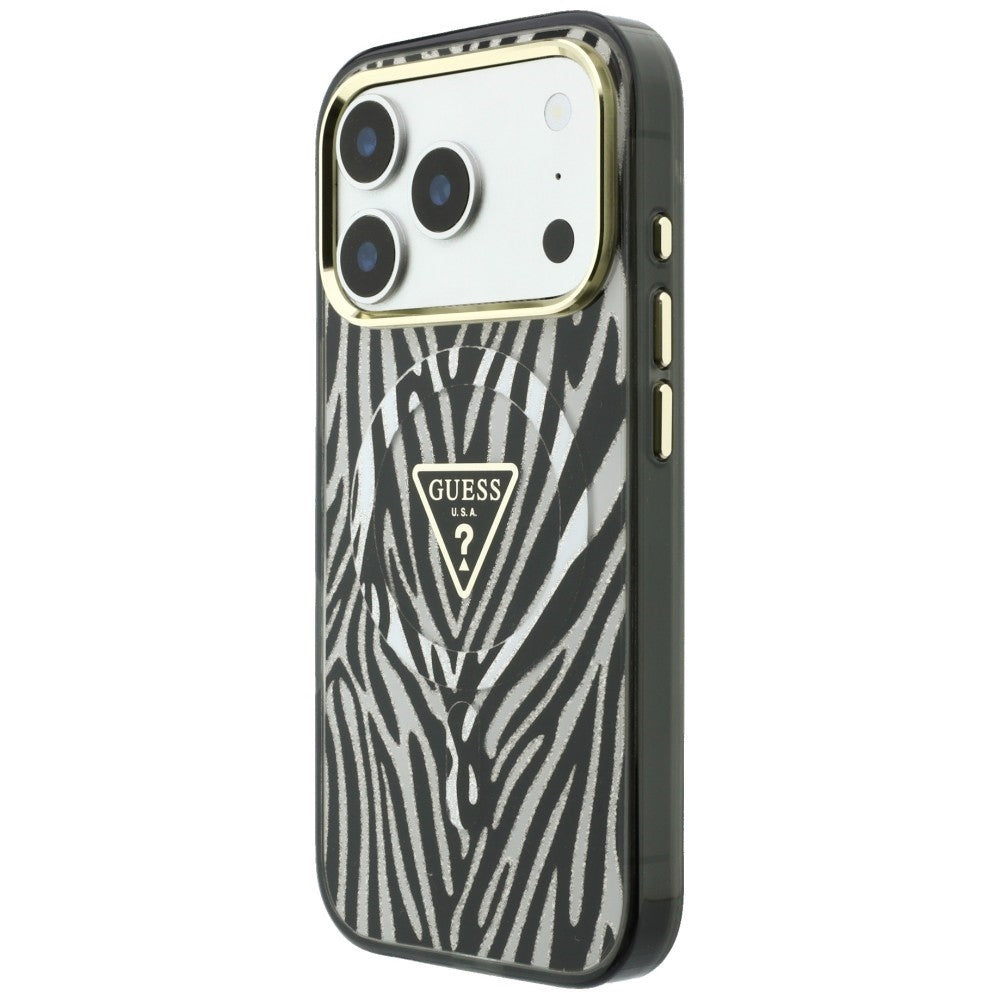 MagSafe ovitek za Apple iPhone 18 Pro Max / 17 Pro Max, Guess, Zebra bleščeči trikotni logotip, srebrn