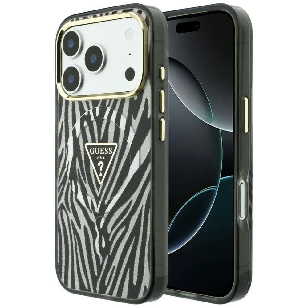 MagSafe ovitek za Apple iPhone 18 Pro Max / 17 Pro Max, Guess, Zebra bleščeči trikotni logotip, srebrn