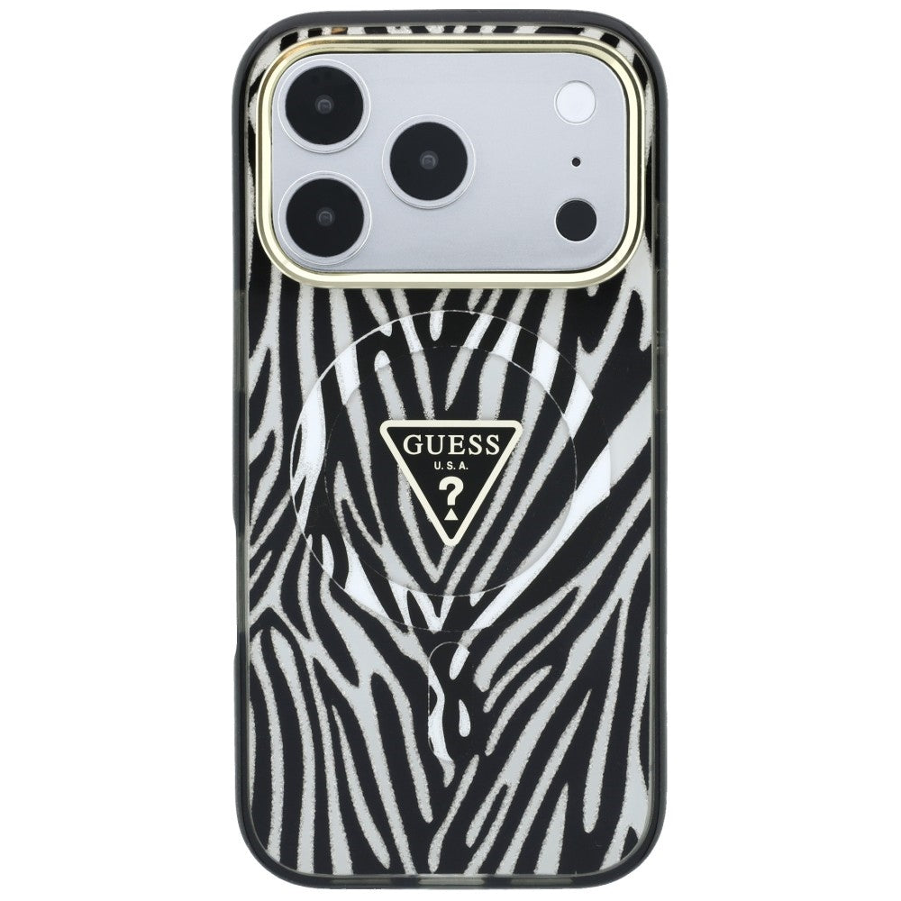 MagSafe ovitek za Apple iPhone 18 Pro Max / 17 Pro Max, Guess, Zebra bleščeči trikotni logotip, srebrn