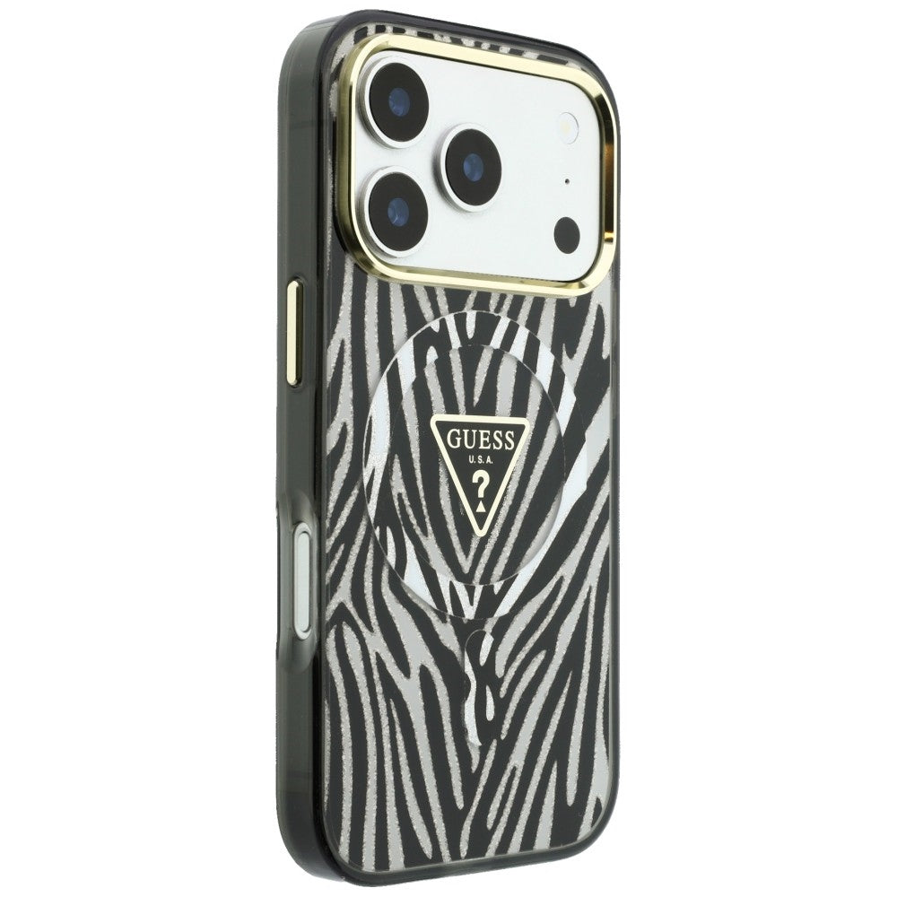 MagSafe ovitek za Apple iPhone 18 Pro Max / 17 Pro Max, Guess, Zebra bleščeči trikotni logotip, srebrn
