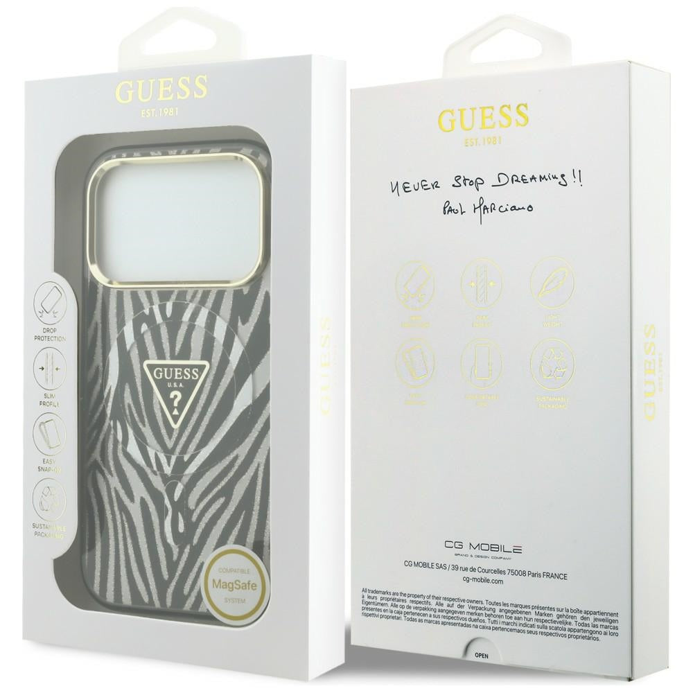 MagSafe ovitek za Apple iPhone 18 Pro Max / 17 Pro Max, Guess, Zebra bleščeči trikotni logotip, srebrn