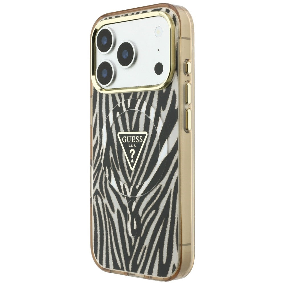 Ovitek MagSafe za Apple iPhone 18 Pro Max / 17 Pro Max, Guess, Zebra Bleščeči Trikotni Logotip, Zlata