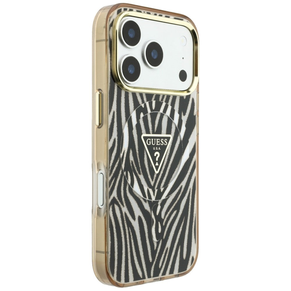 Ovitek MagSafe za Apple iPhone 18 Pro Max / 17 Pro Max, Guess, Zebra Bleščeči Trikotni Logotip, Zlata