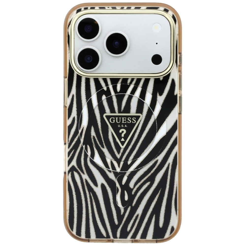 Ovitek MagSafe za Apple iPhone 18 Pro Max / 17 Pro Max, Guess, Zebra Bleščeči Trikotni Logotip, Zlata