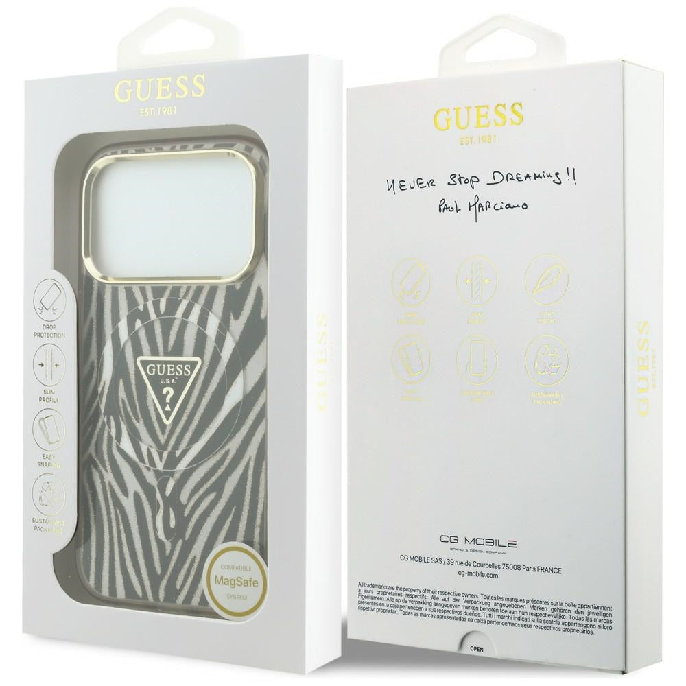 Ovitek MagSafe za Apple iPhone 18 Pro Max / 17 Pro Max, Guess, Zebra Bleščeči Trikotni Logotip, Zlata