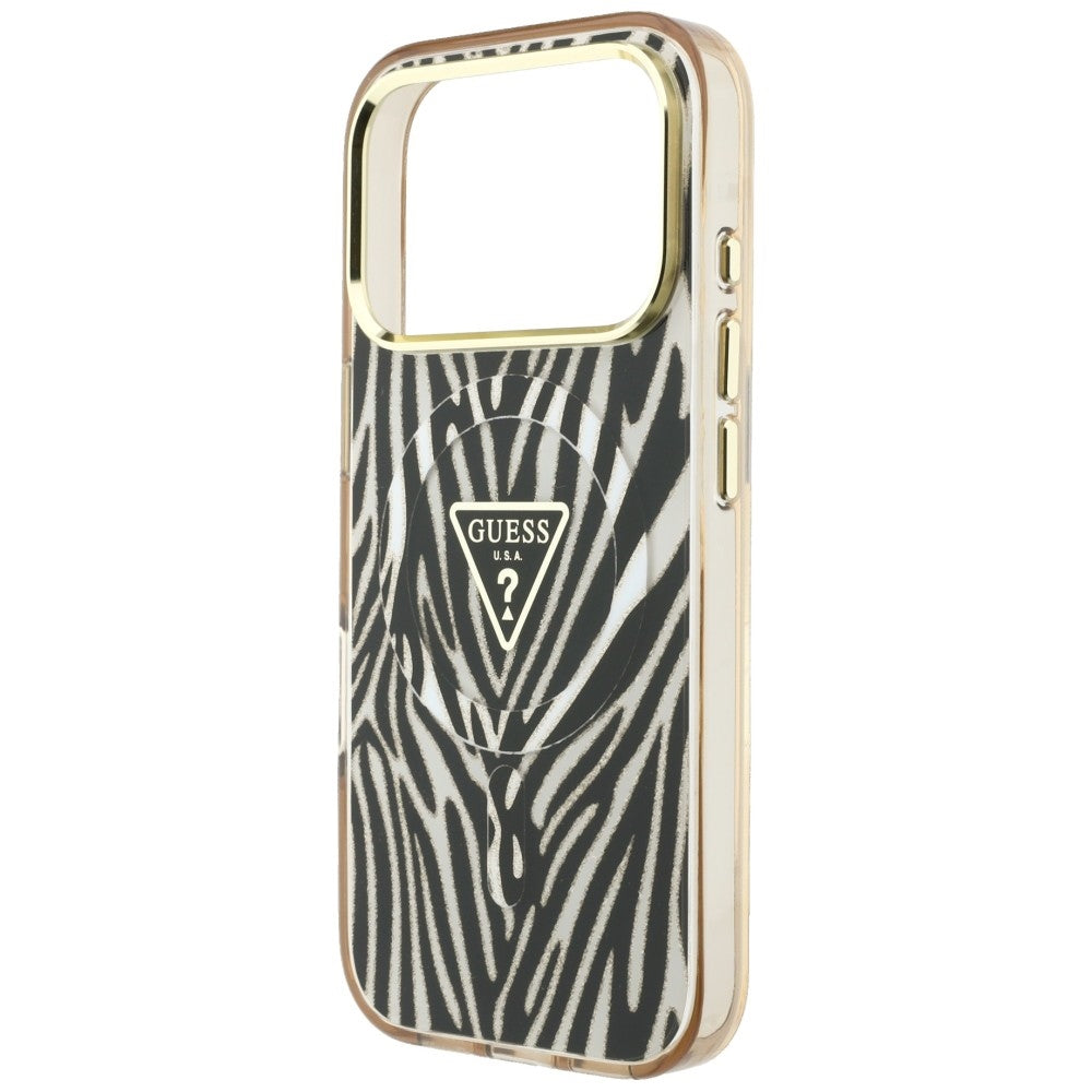 Ovitek MagSafe za Apple iPhone 18 Pro Max / 17 Pro Max, Guess, Zebra Bleščeči Trikotni Logotip, Zlata