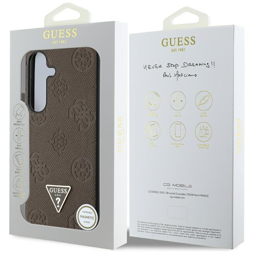 MagSafe ovitek za Samsung Galaxy S25 S931, Guess, Peony Grained Hot Stamp Triangle, rjava