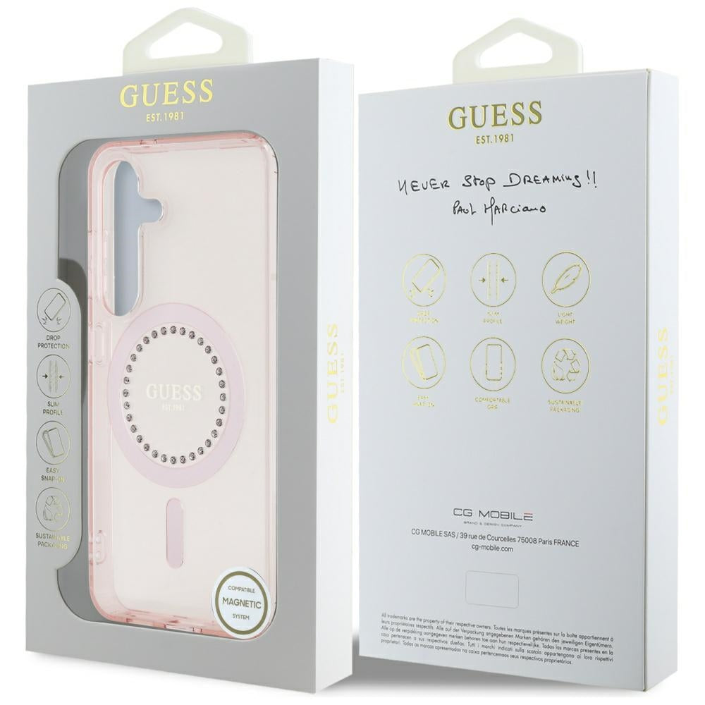 Ovitek MagSafe za Samsung Galaxy S25 S931, Guess, IML Rhinestone, Roza