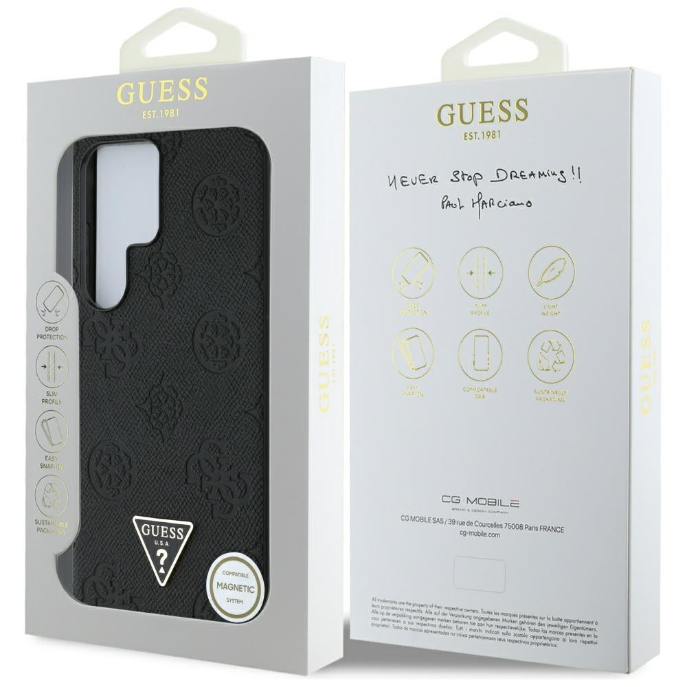Ovitek MagSafe za Samsung Galaxy S25 Ultra S938, Guess, Peony Grained Hot Stamp Triangle, črn