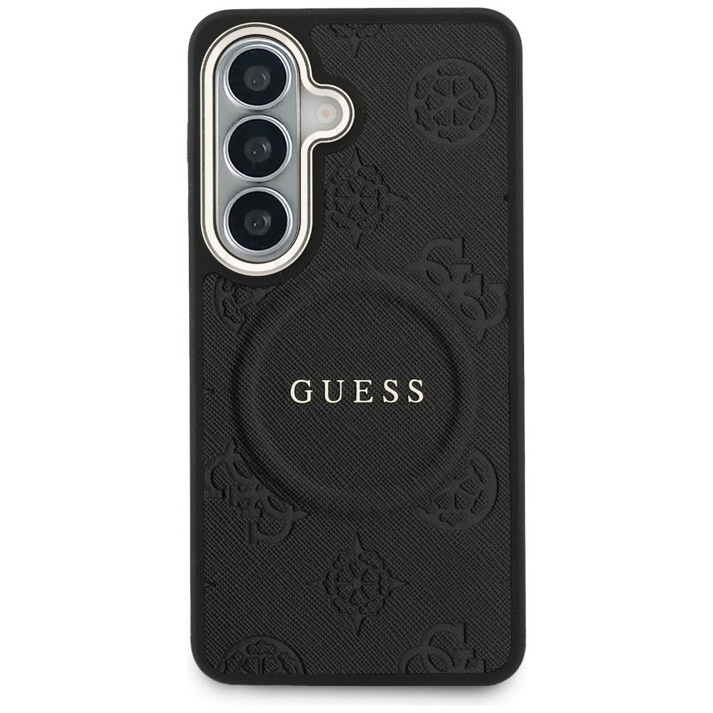 Ovitek MagSafe za Samsung Galaxy S26 Plus S947, GUESS, Saffiano Peony Embossed Ring, črn