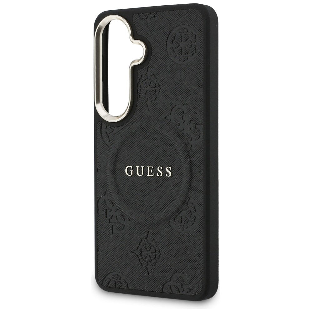 Ovitek MagSafe za Samsung Galaxy S26 Plus S947, GUESS, Saffiano Peony Embossed Ring, črn