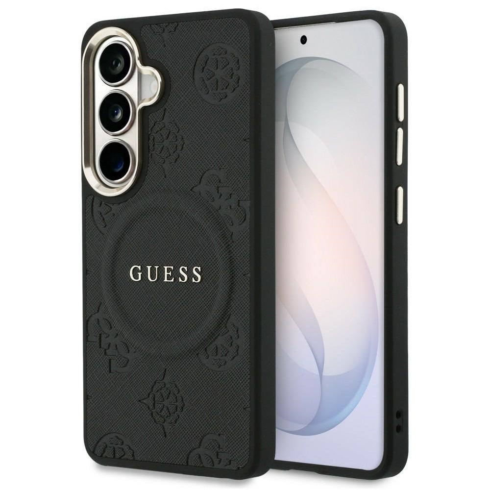 Ovitek MagSafe za Samsung Galaxy S26 S942, Guess, Saffiano Peony Embossed Ring, črn