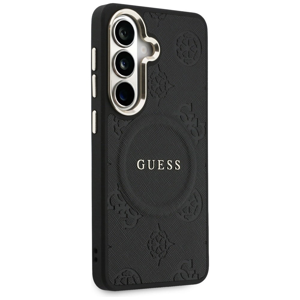 Ovitek MagSafe za Samsung Galaxy S26 S942, Guess, Saffiano Peony Embossed Ring, črn