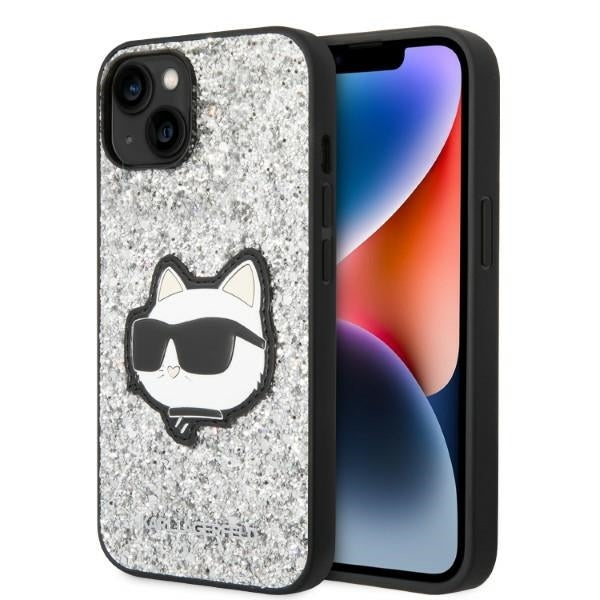 Ovitek za Apple iPhone 14, Karl Lagerfeld, Glitter Choupette Patch, Srebrn.