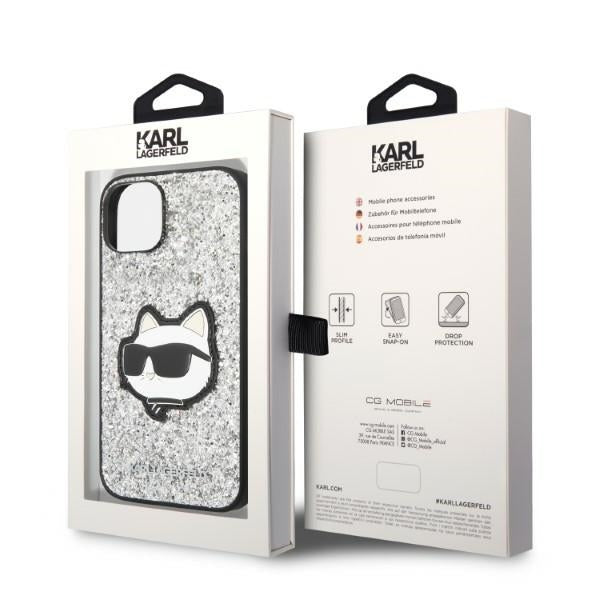 Ovitek za Apple iPhone 14, Karl Lagerfeld, Glitter Choupette Patch, Srebrn.