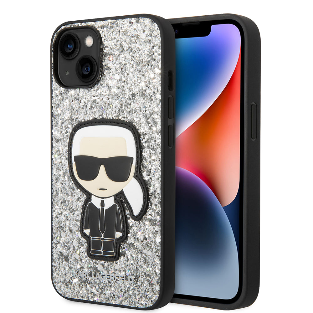 Ovitek za Apple iPhone 14, Karl Lagerfeld, Glitter Flakes Ikonik Karl, Srebrn.