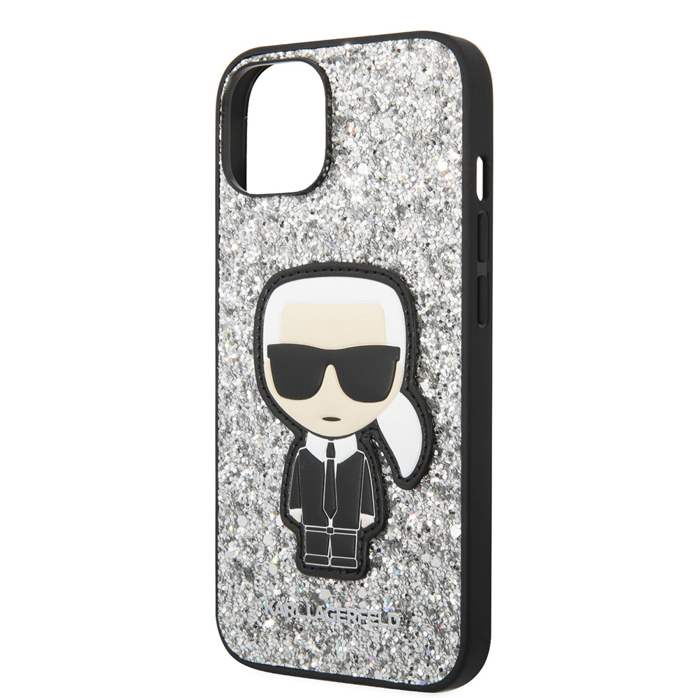 Ovitek za Apple iPhone 14, Karl Lagerfeld, Glitter Flakes Ikonik Karl, Srebrn.
