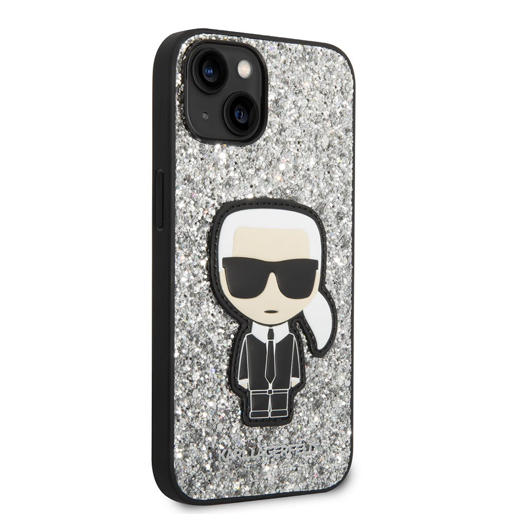 Ovitek za Apple iPhone 14, Karl Lagerfeld, Glitter Flakes Ikonik Karl, Srebrn.