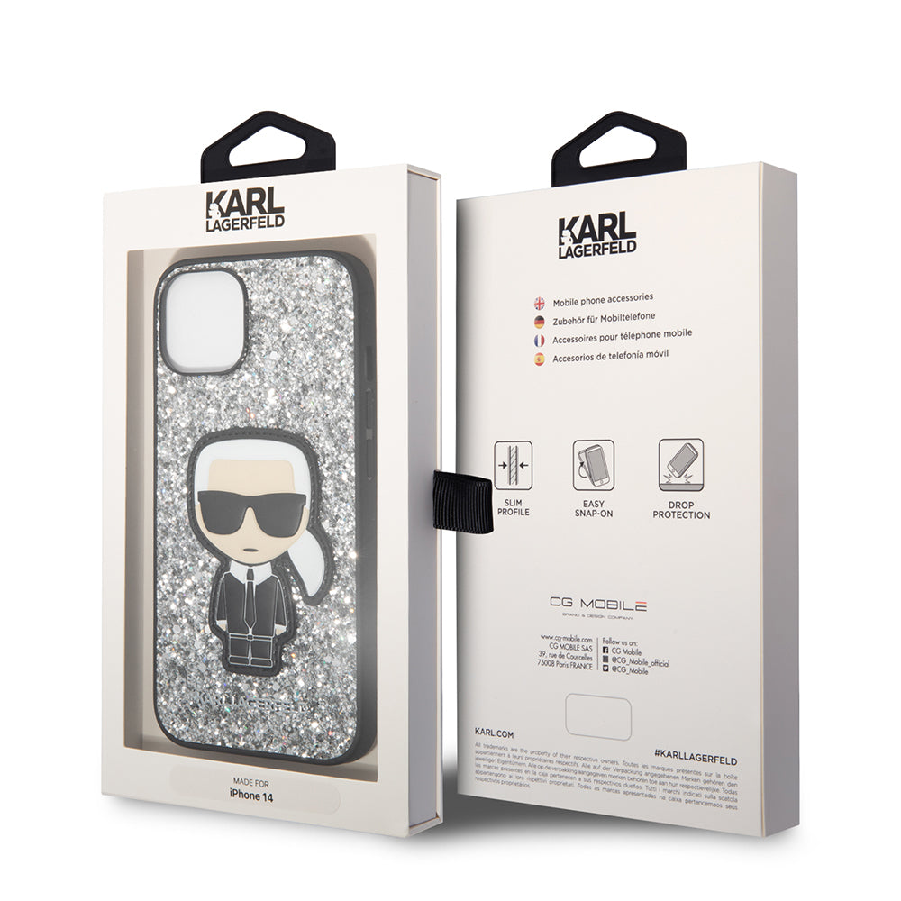 Ovitek za Apple iPhone 14, Karl Lagerfeld, Glitter Flakes Ikonik Karl, Srebrn.