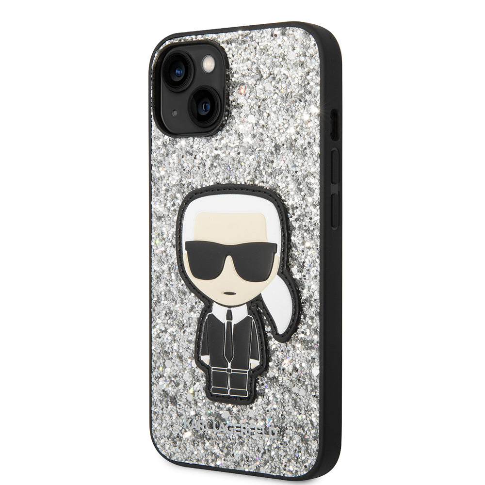 Ovitek za Apple iPhone 14, Karl Lagerfeld, Glitter Flakes Ikonik Karl, Srebrn.