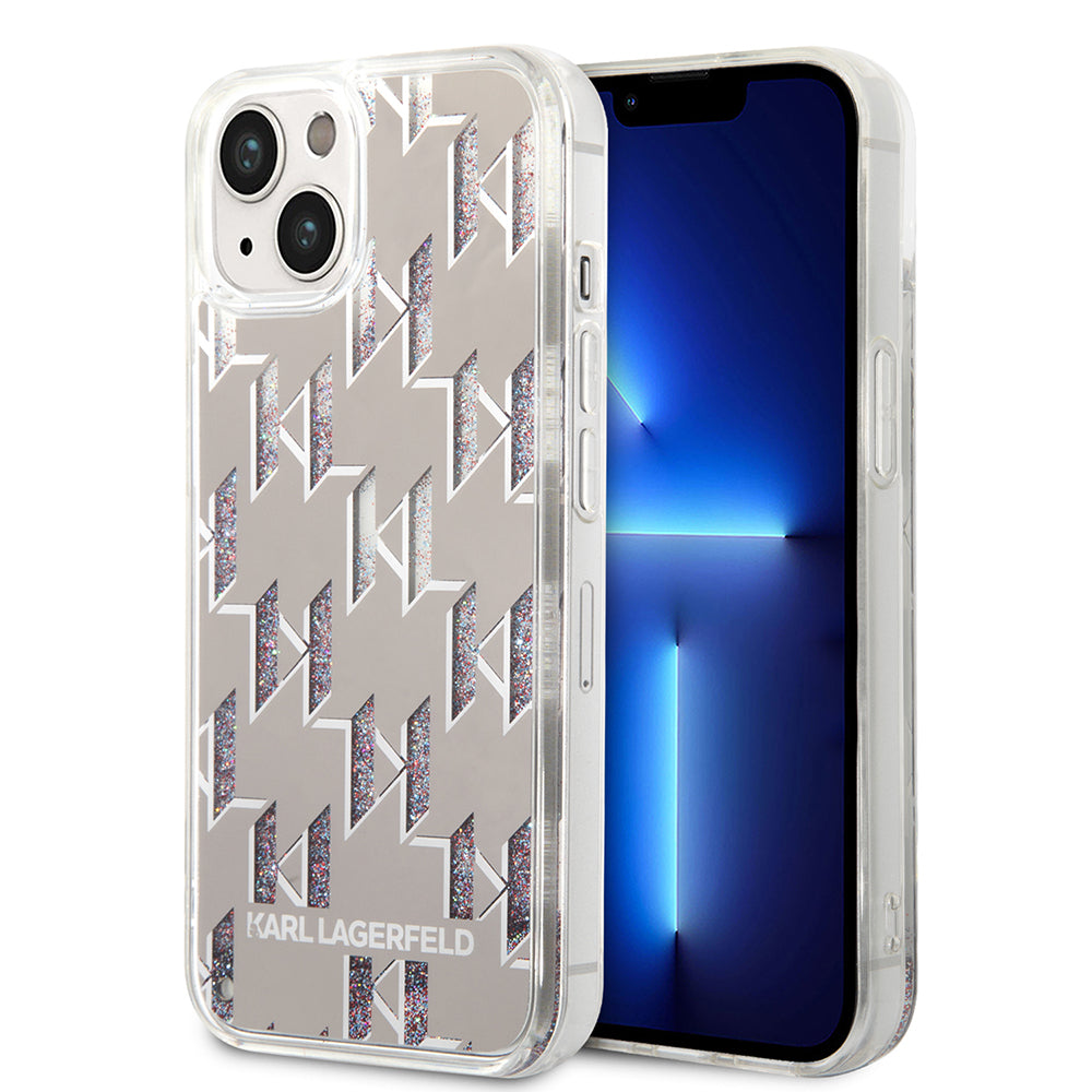 Ovitek za Apple iPhone 14, Karl Lagerfeld, Liquid Glitter Monogram, Srebrn.